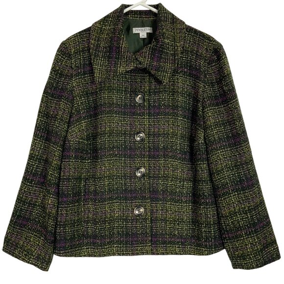 Pendleton Plus Plaid Coat Size 14W Long Sleeve Lined Green/Purple Button Front - Picture 1 of 5